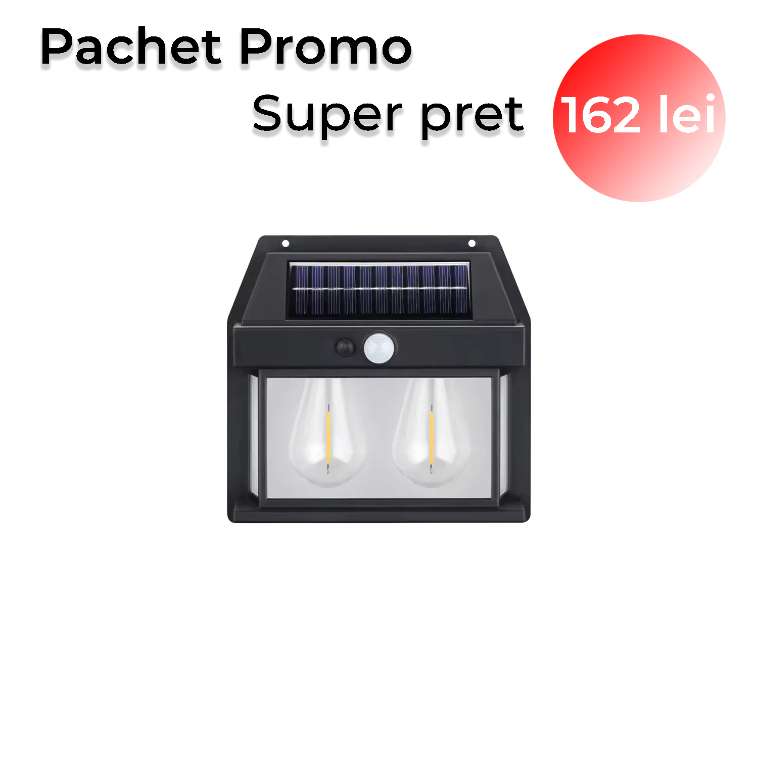 pachet-lampa-led Aplica exterior cu panou solar si senzor miscare, IP65, lumina calda, negru