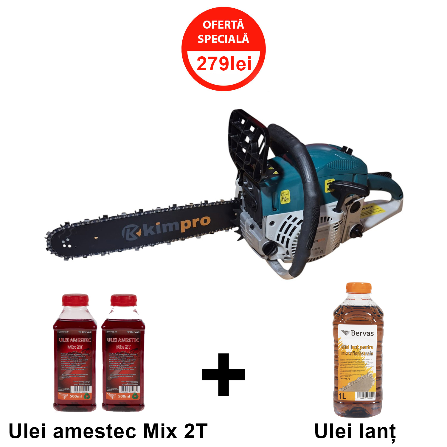 Pachet-promo-Drujba-pe-benzina-KIMPRO,-motor-2-timpi,-52-CC,-2-KW,-2-x-ulei-amestec-si-1-x-ulei-lant-Domadi Drujba pe benzina KIMPRO, motor 2 timpi, 52 CC, 2 KW, pornire usoara Domadi