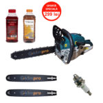 Pachet promo Drujba pe benzina KIMPRO, motor 2 timpi, 52 CC, 2 KW REALI, 2 x lame, 1 x Ulei amestec, 1 x Ulei lant si 1 x bujie Domadi