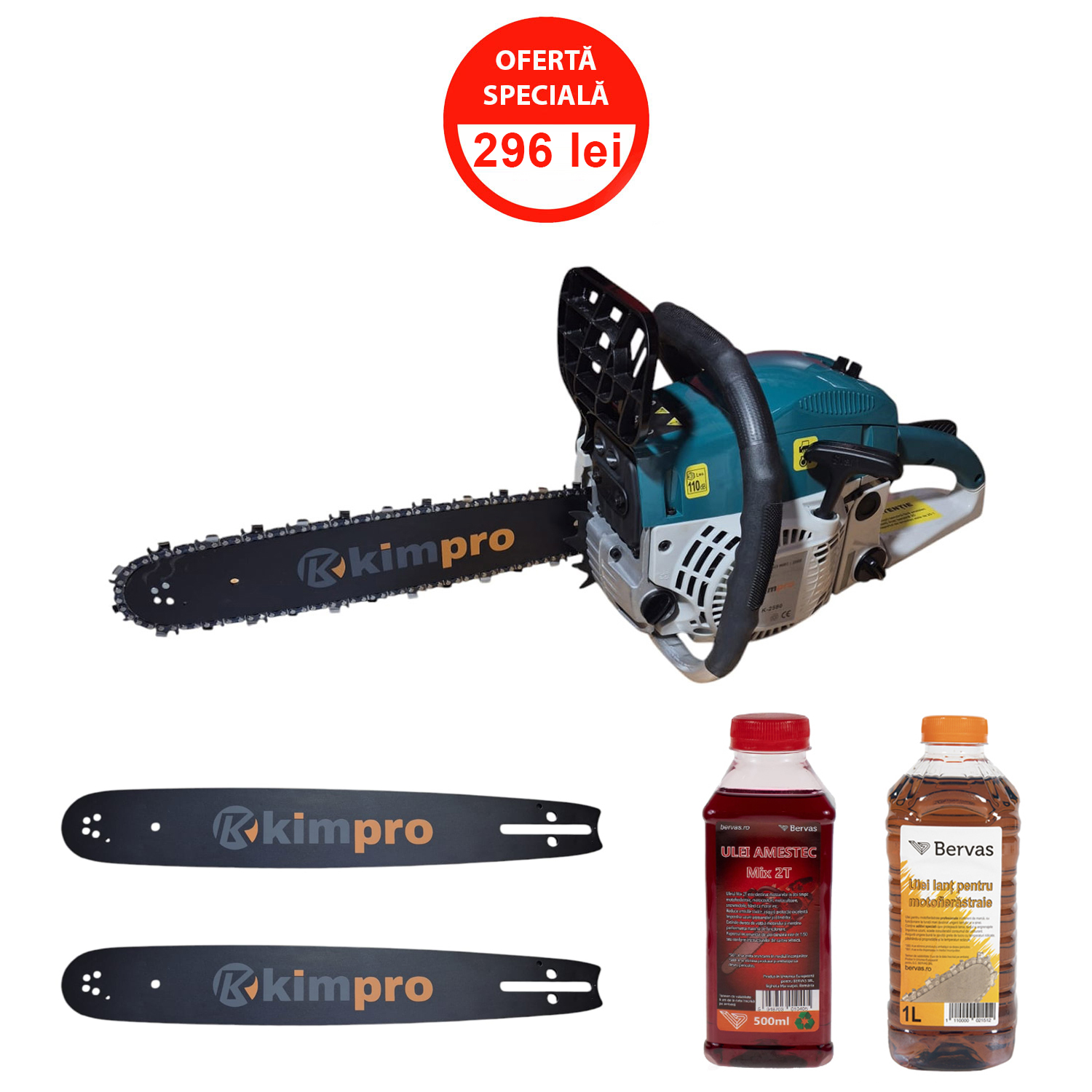 Pachet-promo-Drujba-pe-benzina-KIMPRO,-motor-2-timpi,-52-CC,-2-KW-REALI,-2-x-lame,-1-x-Ulei-amestec-si-1-x-Ulei-lant Pachet promo Drujba pe benzina KIMPRO, motor 2 timpi, 52 CC, 2 KW REALI, 2 x lame, 1 x Ulei amestec si 1 x Ulei lant Domadi