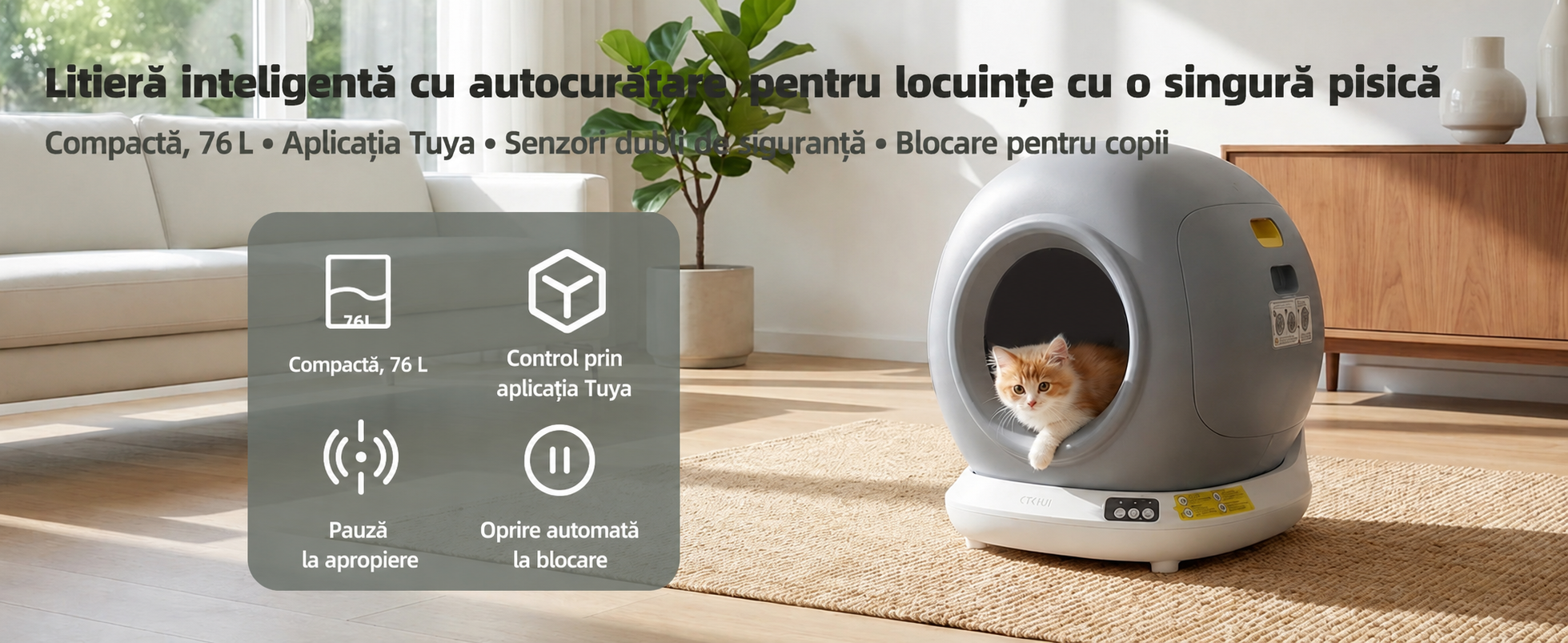 Litieră automată pentru pisici cu autocurățare, aplicație Wi-Fi și senzori de siguranță – ideală pentru apartamente Domadi
