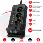 Prelungitor cu protectie supratensiune, 2500w, 3 prize, incarcare wireless, 4 porturi usb si 1 port USB-C, lungime 2m, intrerupator, negru Domadi